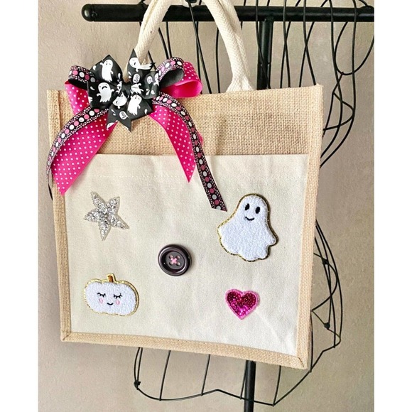 New Ghost Pumpkin Star Halloween Natural Jute Bag Tote Purse w/ Bow - Picture 9 of 10